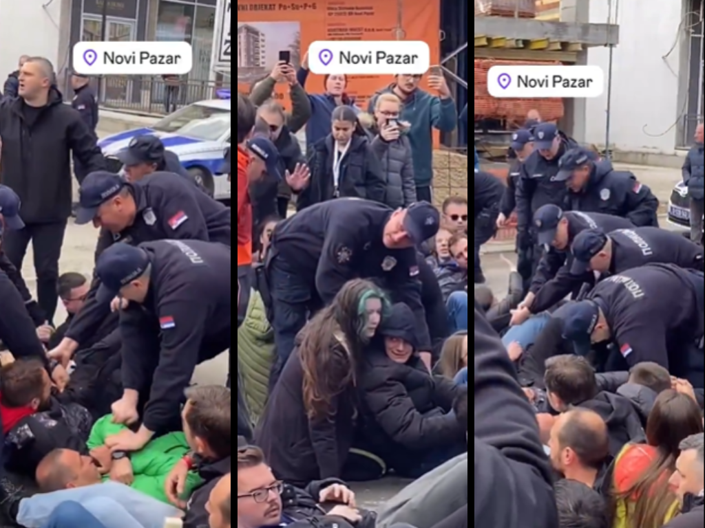 Burno u Novom Pazaru: Studenti blokirali prolazak autobusa SNS-a, policija ih sklanjala