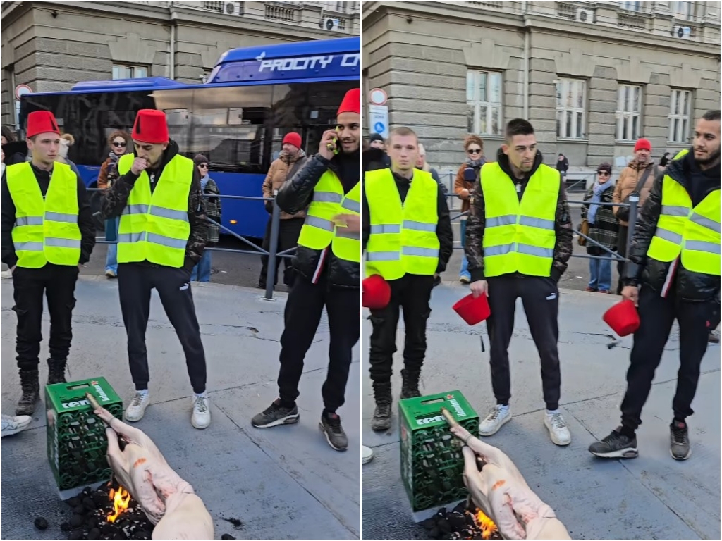 "Ćaci" sa fesovima na glavama pekli prase ispred skupštine u Beogradu