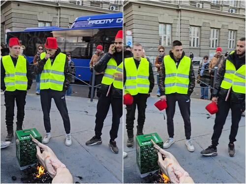 "Ćaci" sa fesovima na glavama pekli prase ispred skupštine u Beogradu
