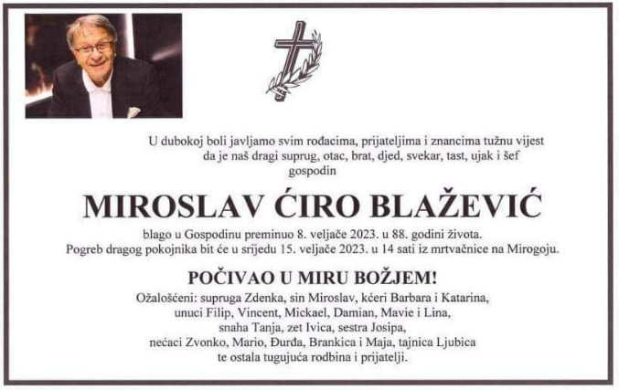 Danas komemoracija i sahrana legendarnom Ćiri Blaževiću