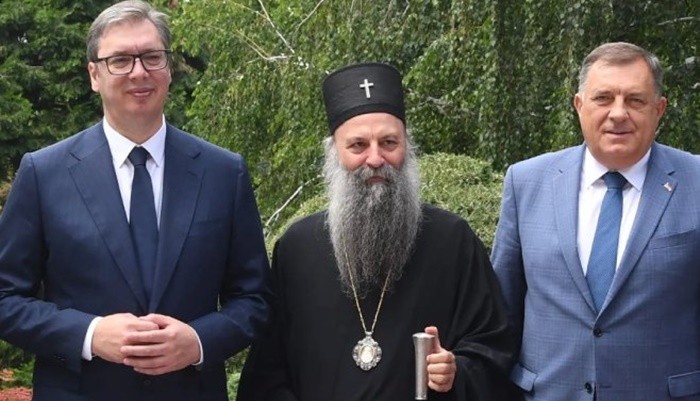 Dodik sa patrijarhom Porfirijem i Vučićem