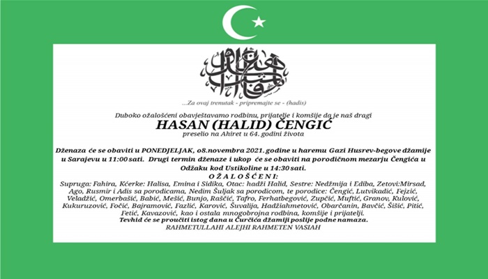 Dženaza Hasanu Čengiću sutra u Gazi Husrev-begovoj džamiji, ukop u Ustikolini