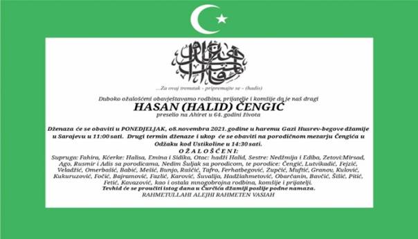 Dženaza Hasanu Čengiću sutra u Gazi Husrev-begovoj džamiji, ukop u Ustikolini