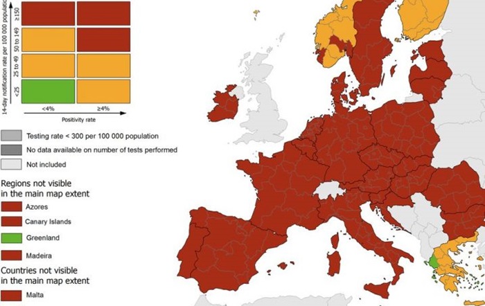 EU uvodi tamno crvene zone na epidemiološku kartu Evrope