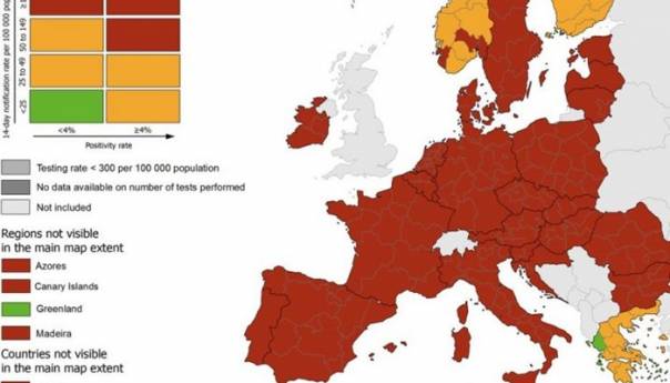 EU uvodi tamno crvene zone na epidemiološku kartu Evrope