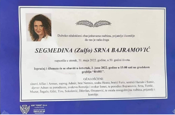 Ispraćaj i ukop Segmedine Srna Bajramović sutra na groblju Bare