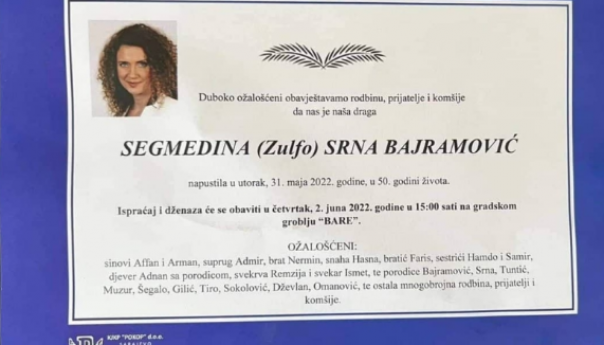 Ispraćaj i ukop Segmedine Srna Bajramović sutra na groblju Bare