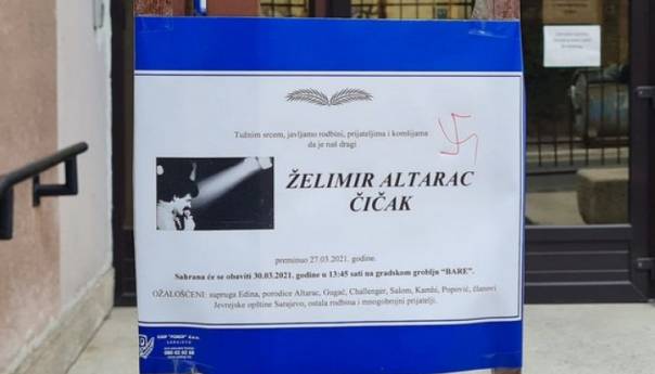 Jevrejska opština osuđuje crtanje kukastog križa na smrtovnicu Čička
