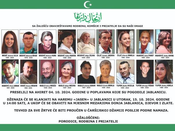 Kolektivna dženaza za osamnaest nastradalih u poplavama 15. oktobra u Jablanici