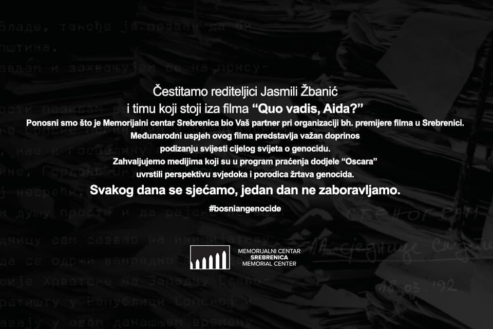 Memorijalni centar Srebrenica čestitao Jasmili Žbanić na velikim uspjesima