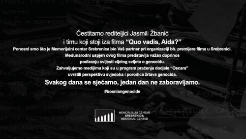 Memorijalni centar Srebrenica čestitao Jasmili Žbanić na velikim uspjesima