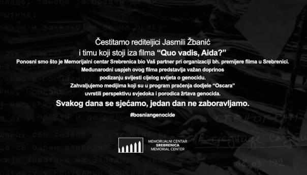 Memorijalni centar Srebrenica čestitao Jasmili Žbanić na velikim uspjesima