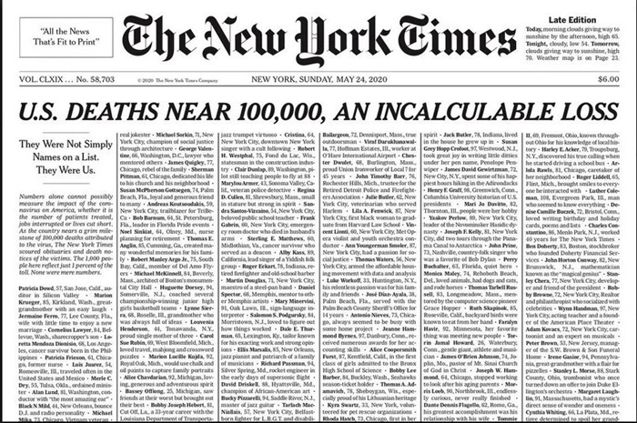 Na naslovnici New York Timesa ispisana imena umrlih od koronavirusa