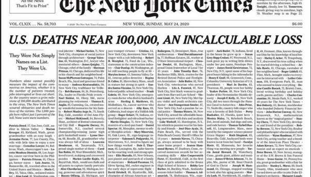 Na naslovnici New York Timesa ispisana imena umrlih od koronavirusa