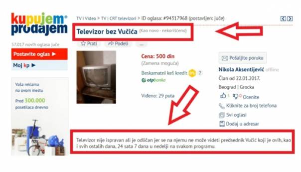 Oglas u Srbiji: Prodaje se "Televizor bez Vučića"