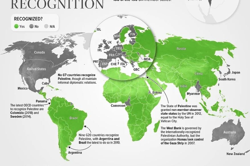 Ovo je mapa koja pokazuje koliko je zemalja priznalo Palestinu kao državu