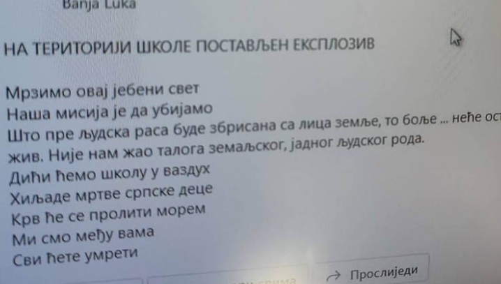 Policija na terenu, objavljen sadržaj prijetnje školama u RS