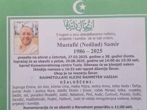 Poznat datum dženaze policajcu Samiru Mustafiću