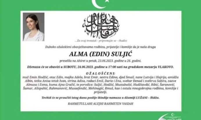 Poznat termin dženaze mladoj doktorici Almi Suljić