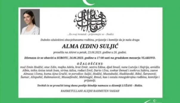 Poznat termin dženaze mladoj doktorici Almi Suljić