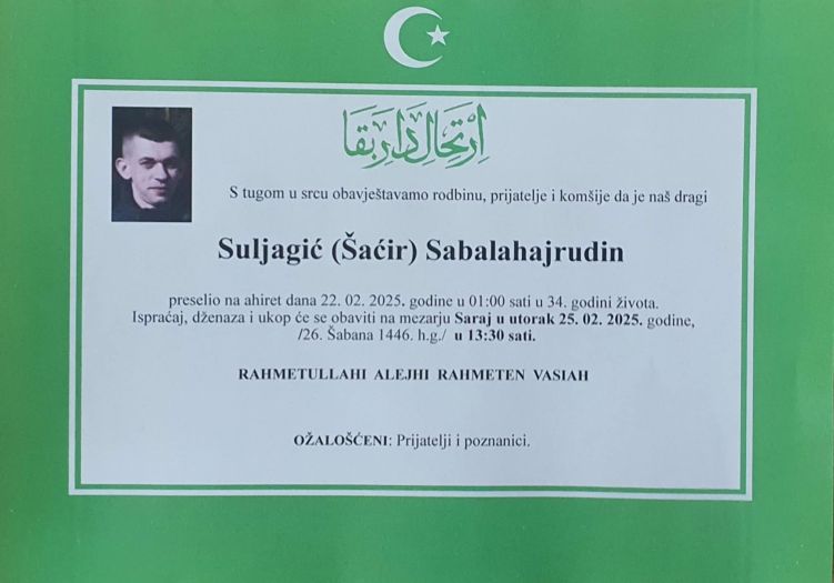 Poznat termin dženaze Sabalahajrudinu Suljagiću