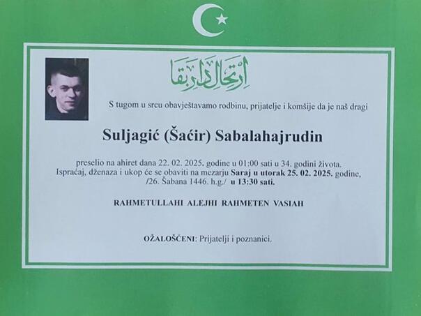 Poznat termin dženaze Sabalahajrudinu Suljagiću