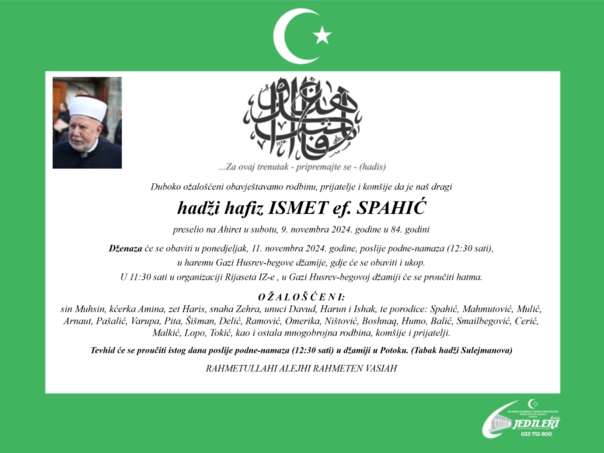 Poznato kada će se klanjati dženaza hafizu Ismetu ef. Spahiću