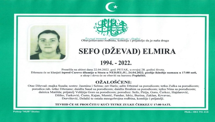 Poznato vrijeme i mjesto dženaze Elmiri Sefo