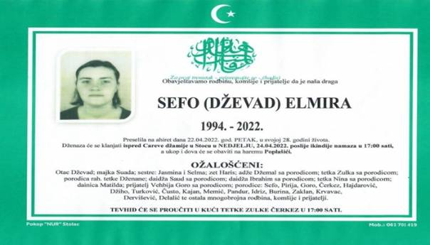 Poznato vrijeme i mjesto dženaze Elmiri Sefo