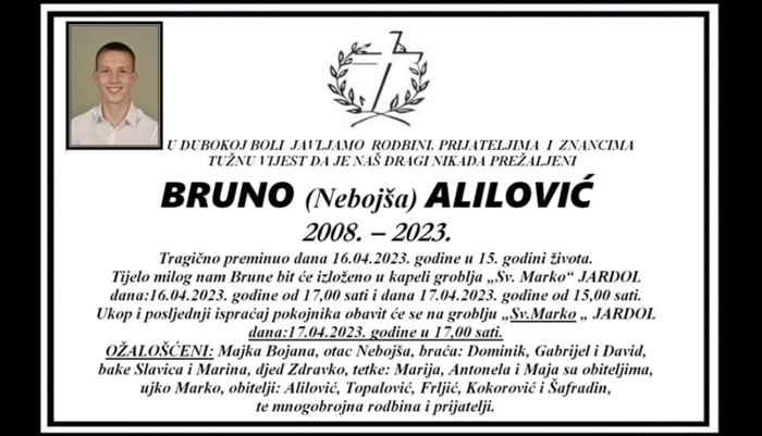 Preminuo mladi fudbaler Bruno Alilović