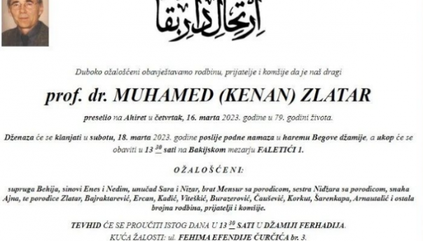 Preminuo ugledni sarajevski profesor Muhamed Zlatar