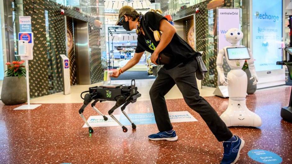Robotski pas dijeli dezinficijens za ruke Tajlanđanima