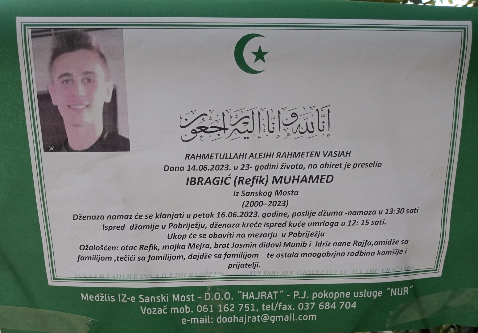 Sanski Most tuguje: Preminuo 23-godišnji sportista Muhamed Ibragić