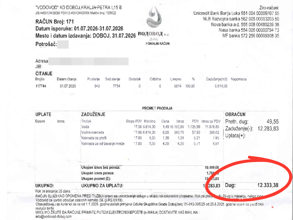 Šok u bh. gradu: Dvočlana porodica dobila račun za vodu od 12.000 KM