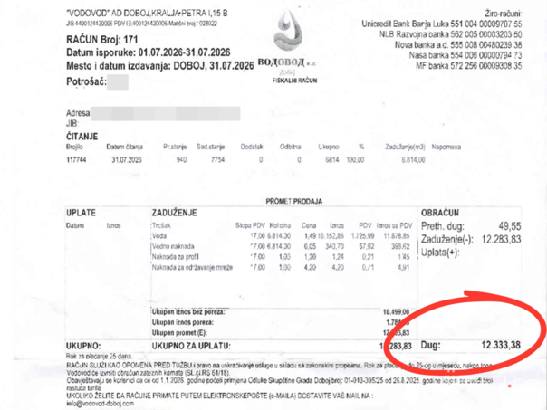 Šok u bh. gradu: Dvočlana porodica dobila račun za vodu od 12.000 KM