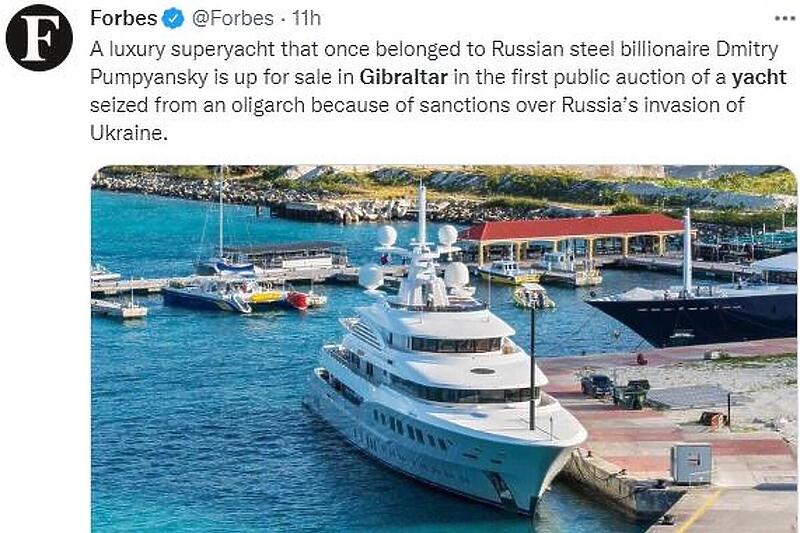 Superjahta vrijedna 75 miliona dolara, oduzeta od ruskog oligarha stavljena na aukciju