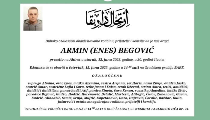 Sutra u Sarajevu dženaza Arminu Begoviću
