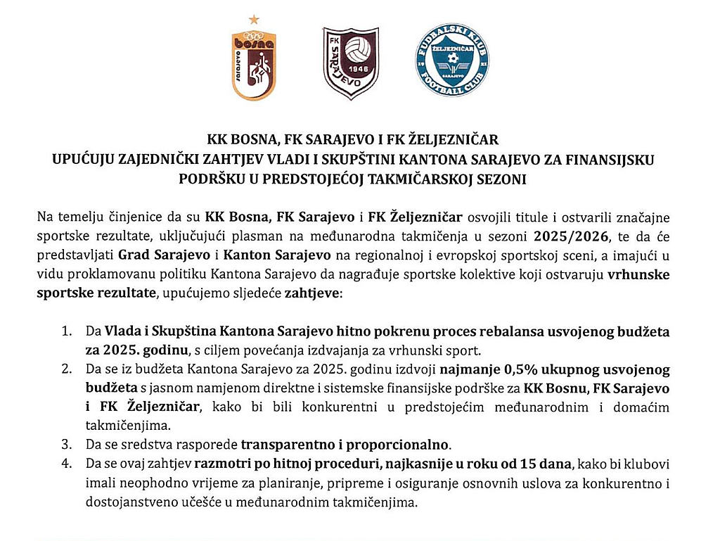 Tri najveća sarajevska kluba zajedno uputila četiri zahtjeva vlastima u KS