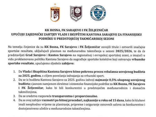 Tri najveća sarajevska kluba zajedno uputila četiri zahtjeva vlastima u KS
