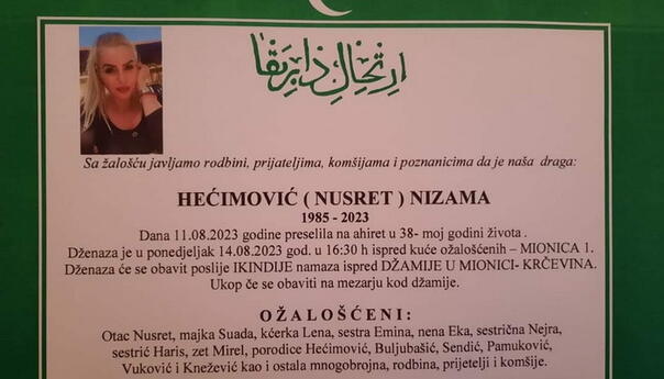 U ponedjeljak će se klanjati dženaza ubijenoj Nizami Hećimović