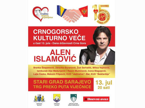 Večeras koncert Alena Islamovića i crnogorsko kulturno večer na trgu ispred Vijećnice