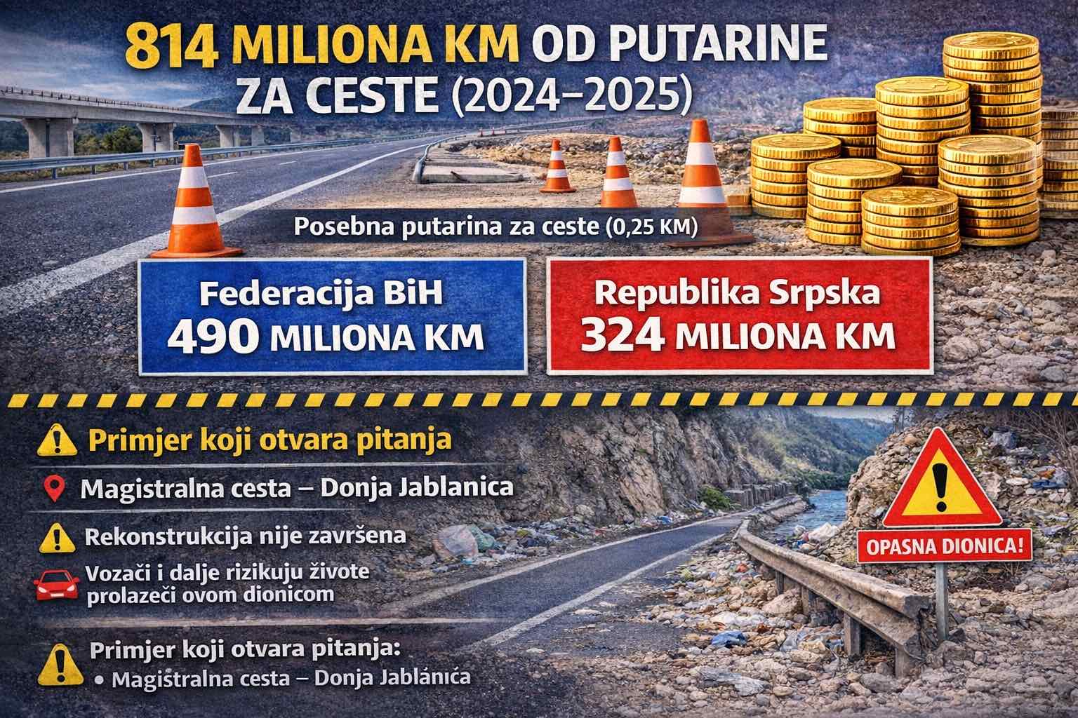 Za dvije godine 800 miliona KM od putarina, a ceste najgore u Evropi