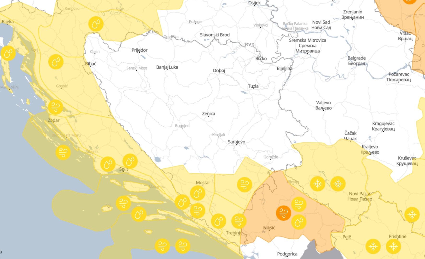 Žuto upozorenje za područja Foče, Trebinja i Mostara zbog vjetra