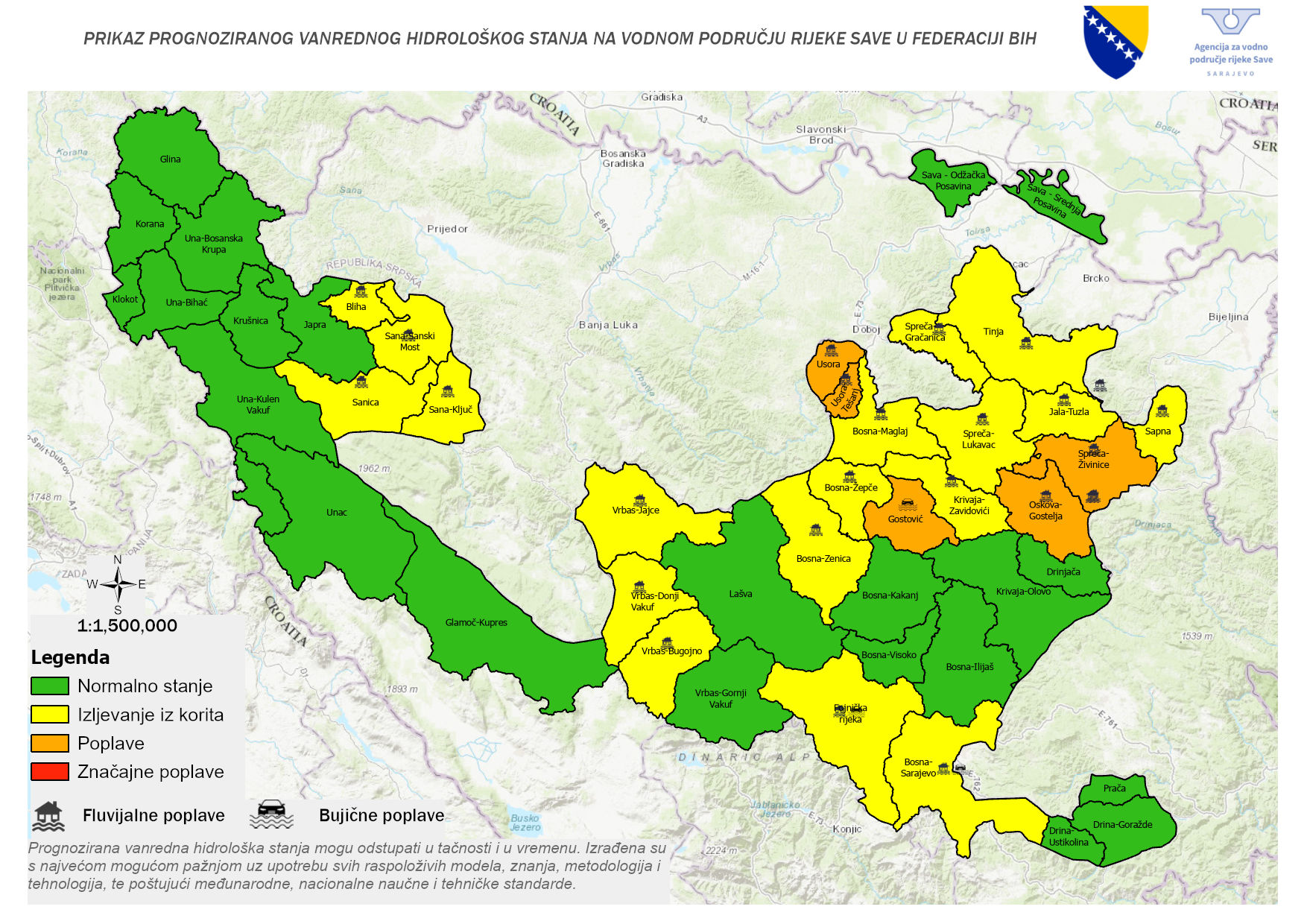 Vanredno hidrološko stanje: Porast vodostaja u slivovima Bosne, Vrbasa i Spreče